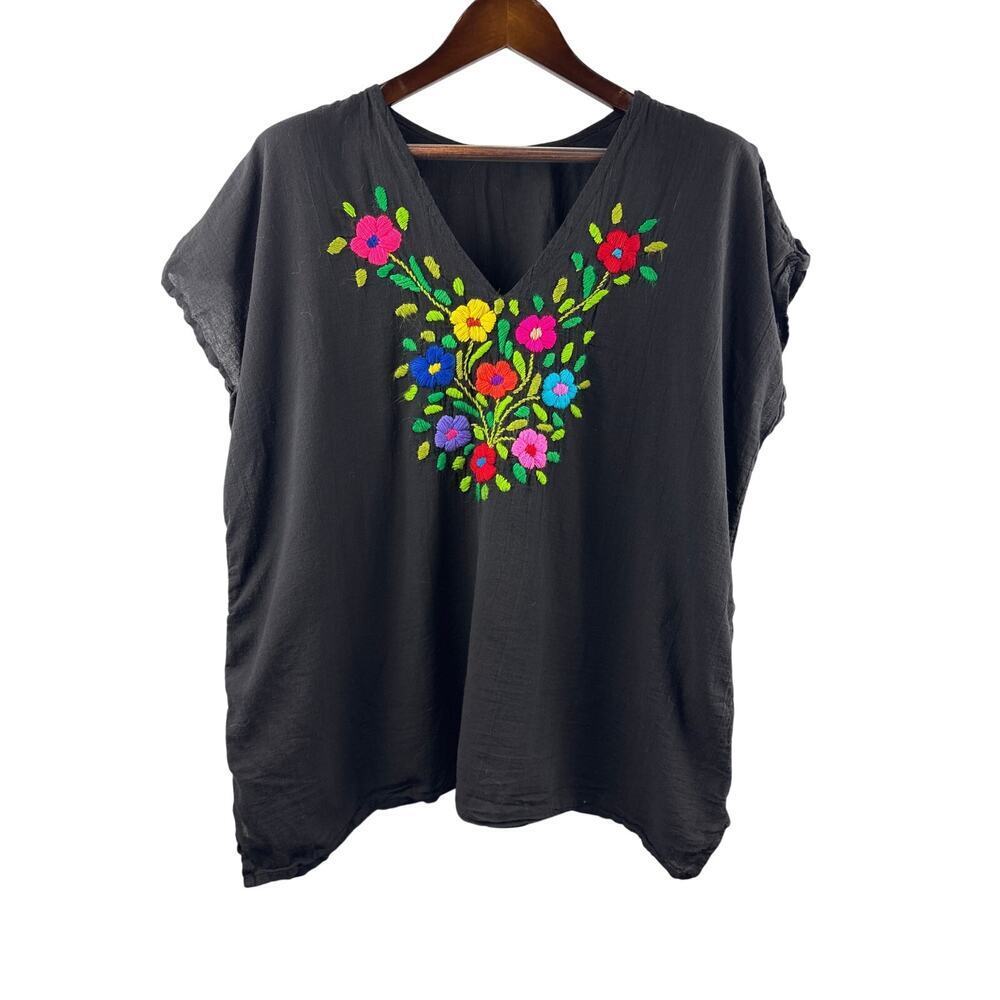 Women’s Handmade 2XL Black Short Sleeve Blouse w/ Multicolored Floral Embroidery - Picture 1 of 4